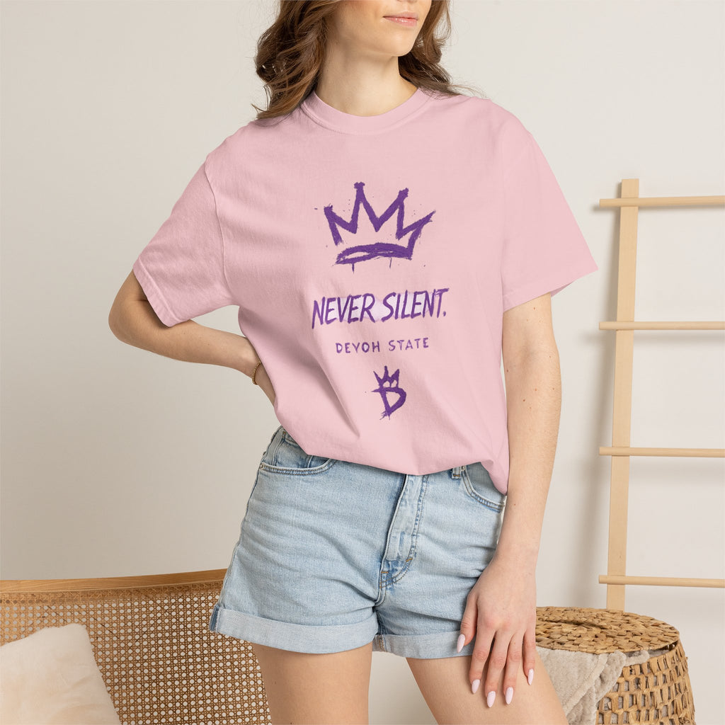 T-Shirt — "Never Silent" Crown Graphic (Devon State)