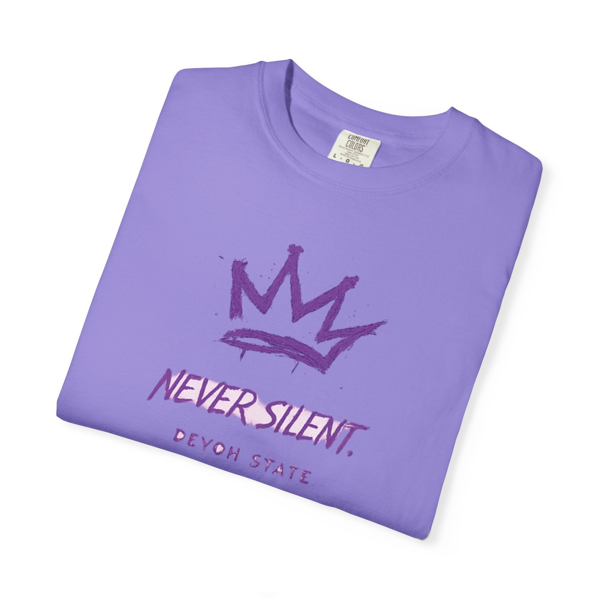 T-Shirt — "Never Silent" Crown Graphic (Devon State)
