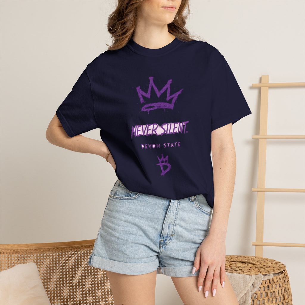 T-Shirt — "Never Silent" Crown Graphic (Devon State)