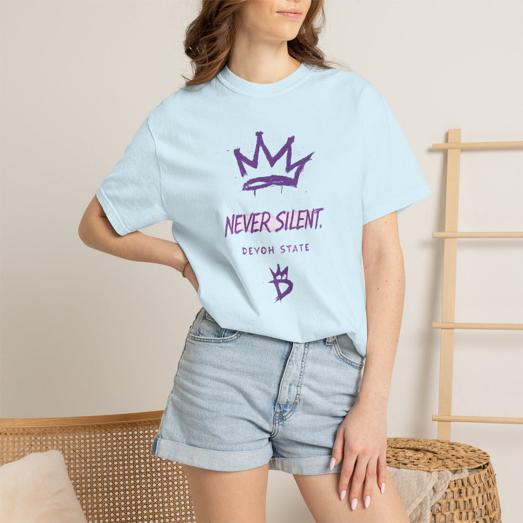 T-Shirt — "Never Silent" Crown Graphic (Devon State)