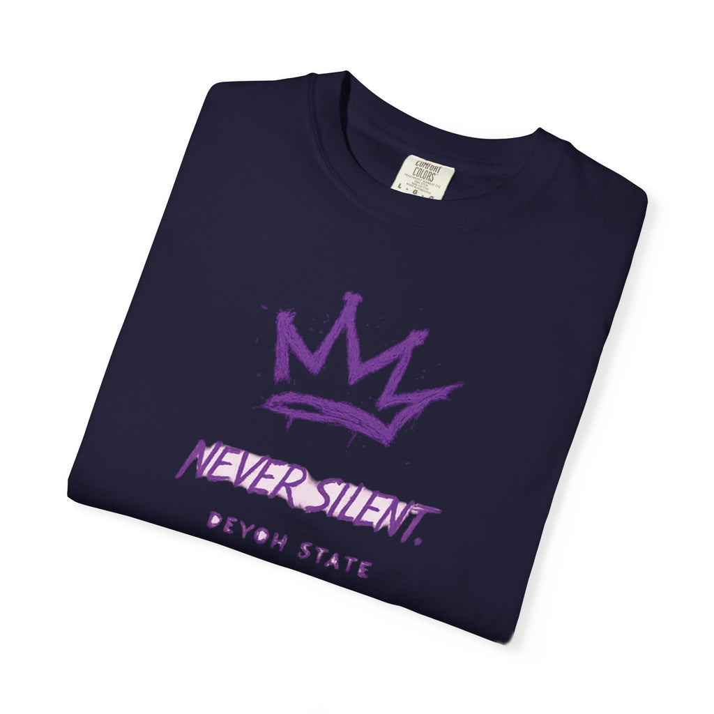 T-Shirt — "Never Silent" Crown Graphic (Devon State)