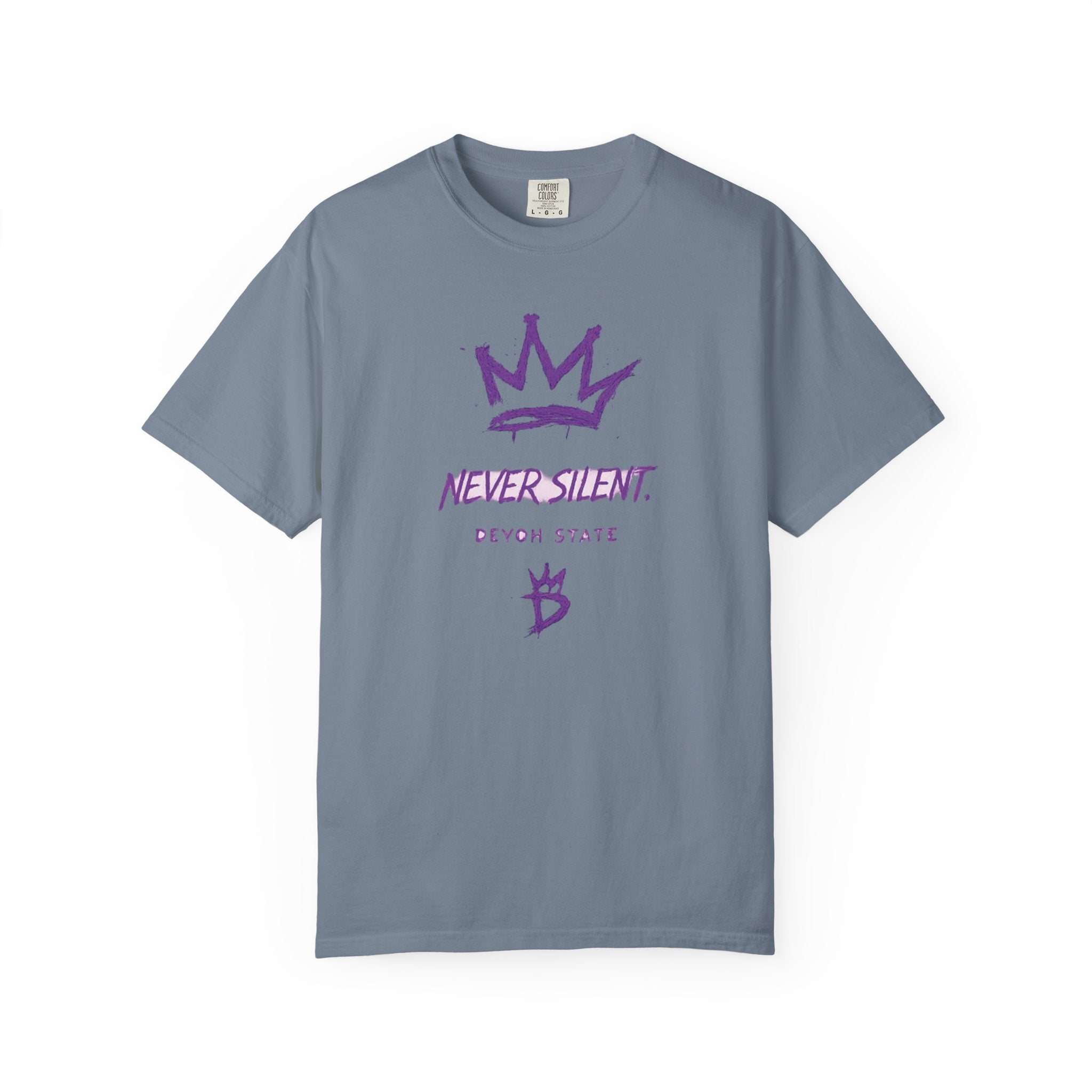 T-Shirt — "Never Silent" Crown Graphic (Devon State)
