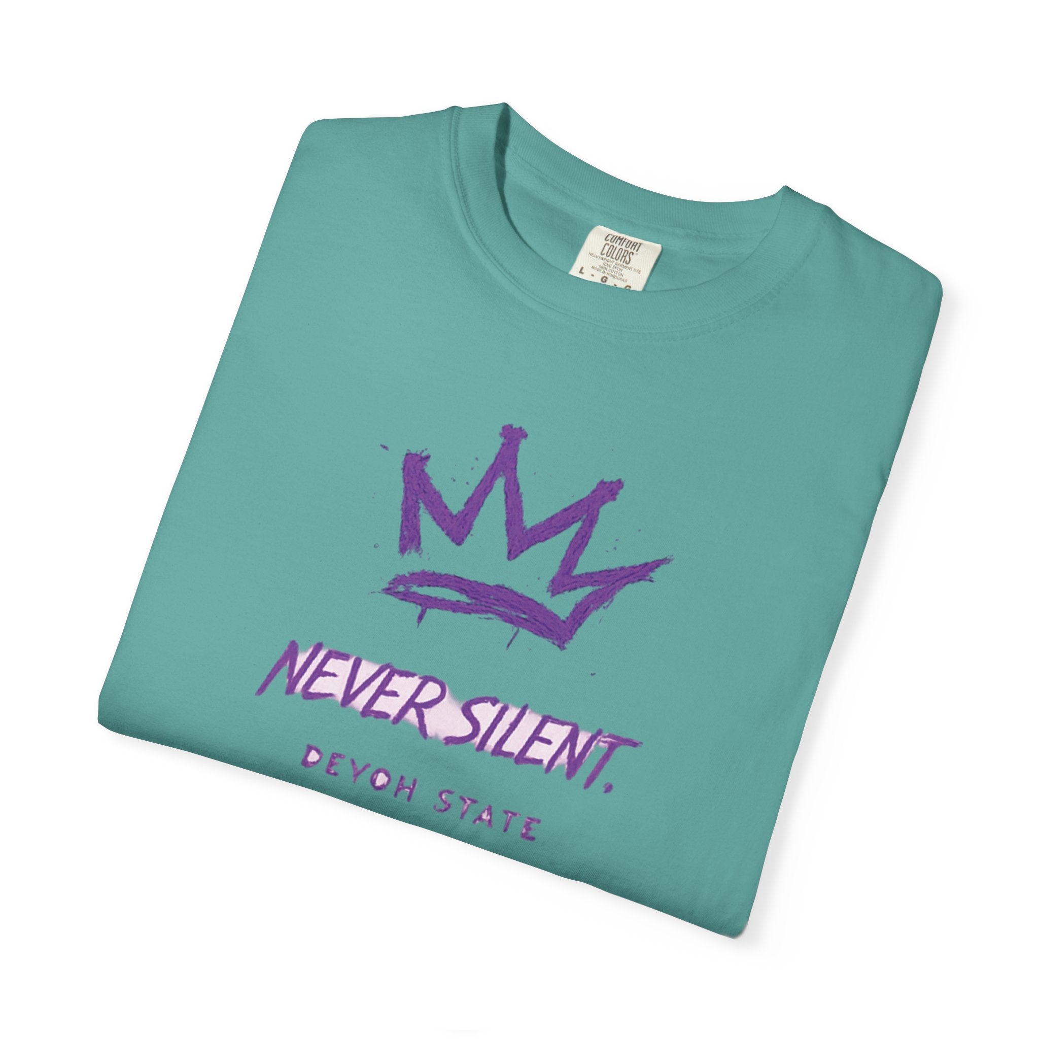 T-Shirt — "Never Silent" Crown Graphic (Devon State)