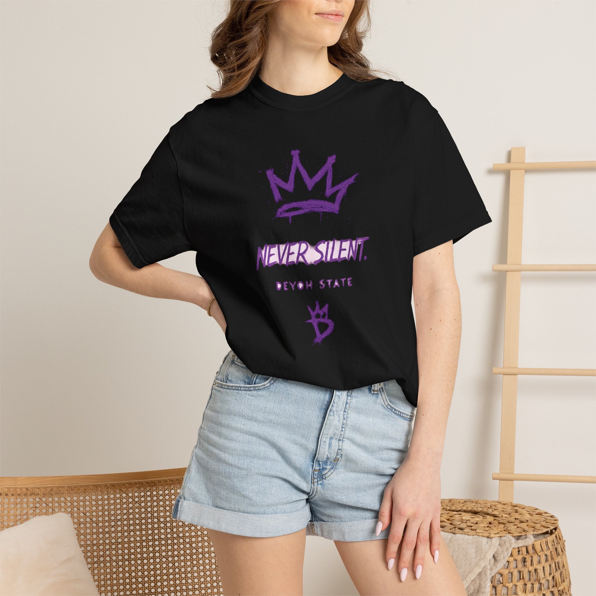 T-Shirt — "Never Silent" Crown Graphic (Devon State)