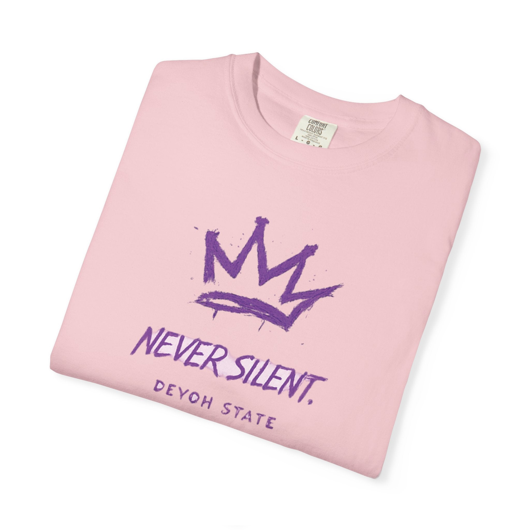 T-Shirt — "Never Silent" Crown Graphic (Devon State)