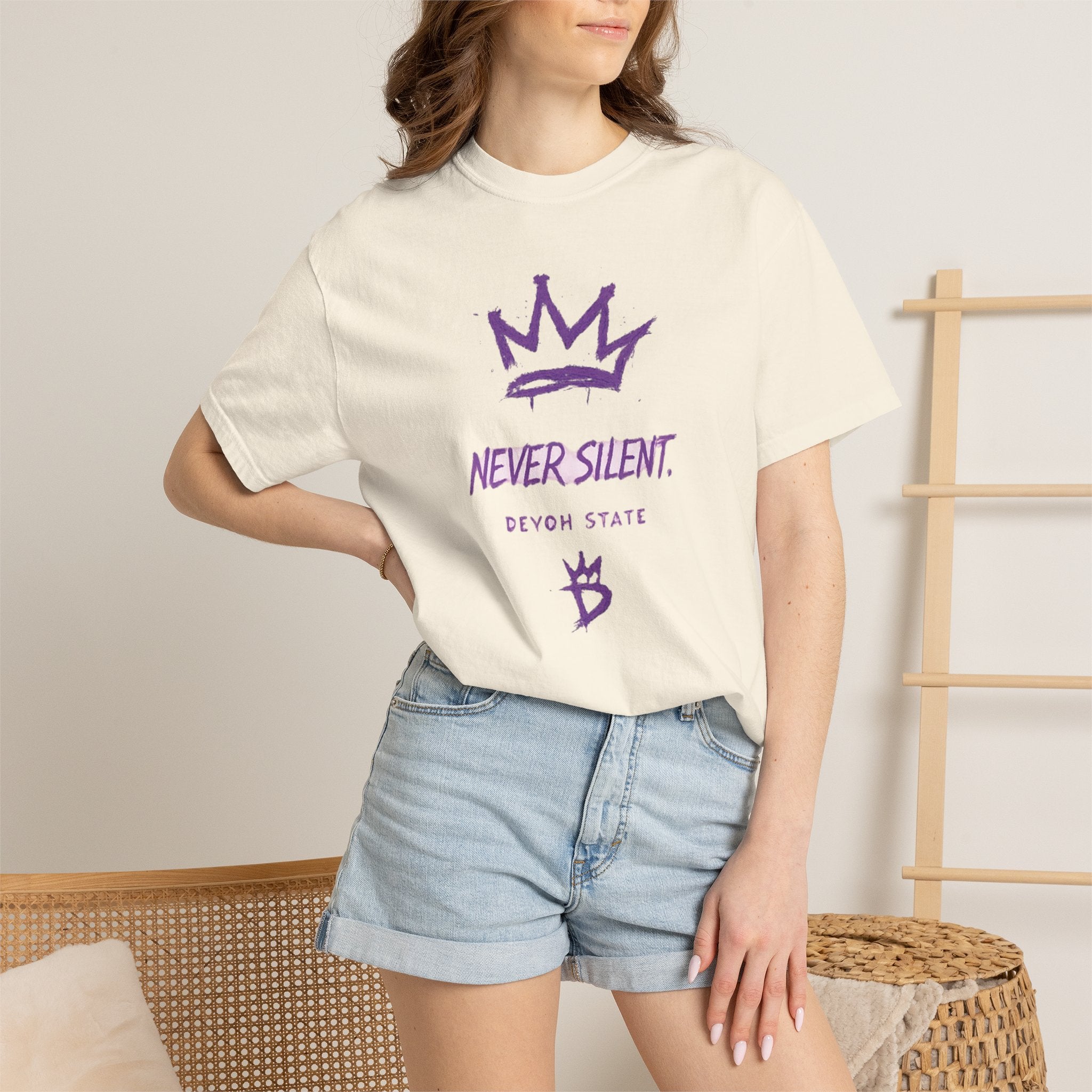 T-Shirt — "Never Silent" Crown Graphic (Devon State)