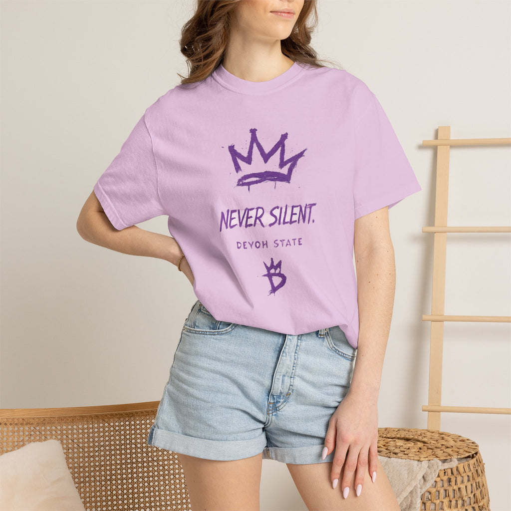 T-Shirt — "Never Silent" Crown Graphic (Devon State)
