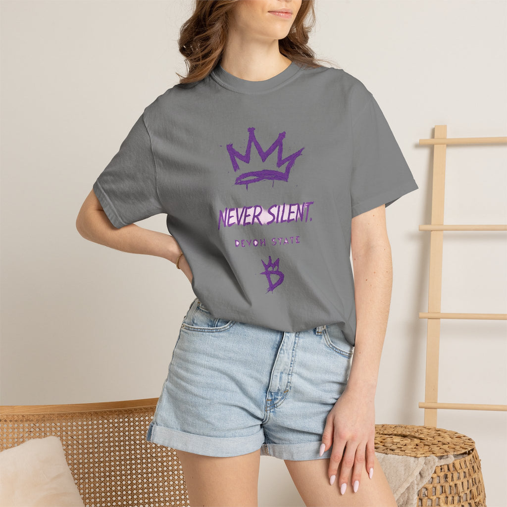 T-Shirt — "Never Silent" Crown Graphic (Devon State)