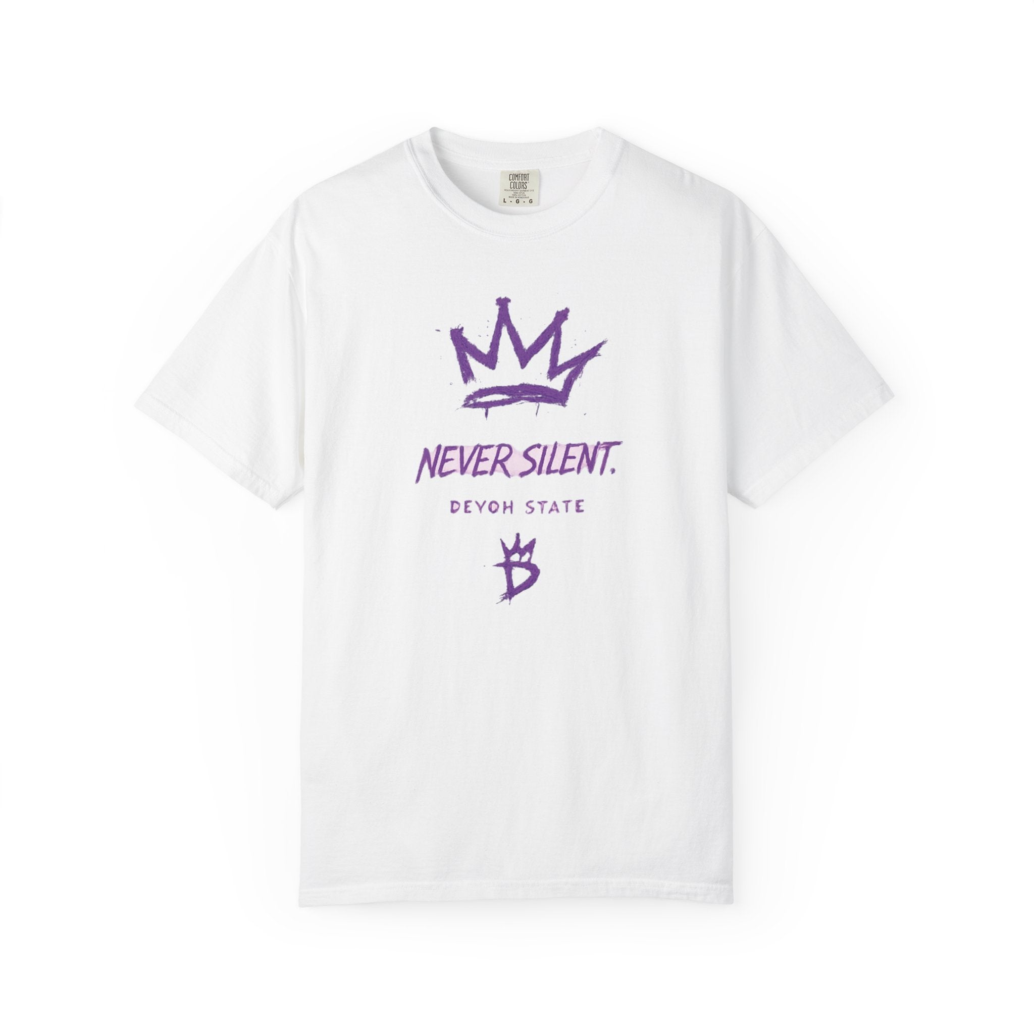 T-Shirt — "Never Silent" Crown Graphic (Devon State)