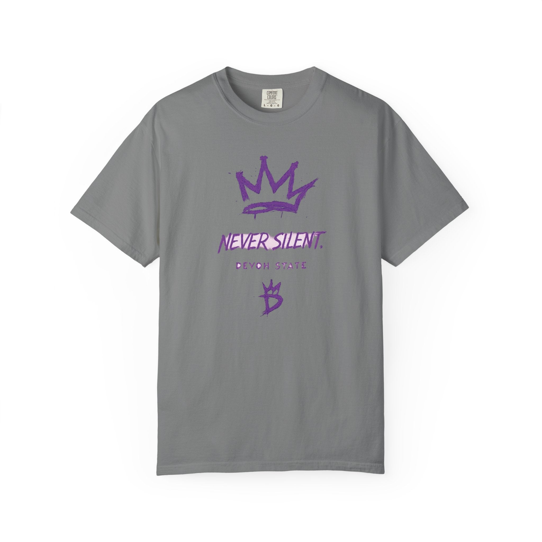 T-Shirt — "Never Silent" Crown Graphic (Devon State)
