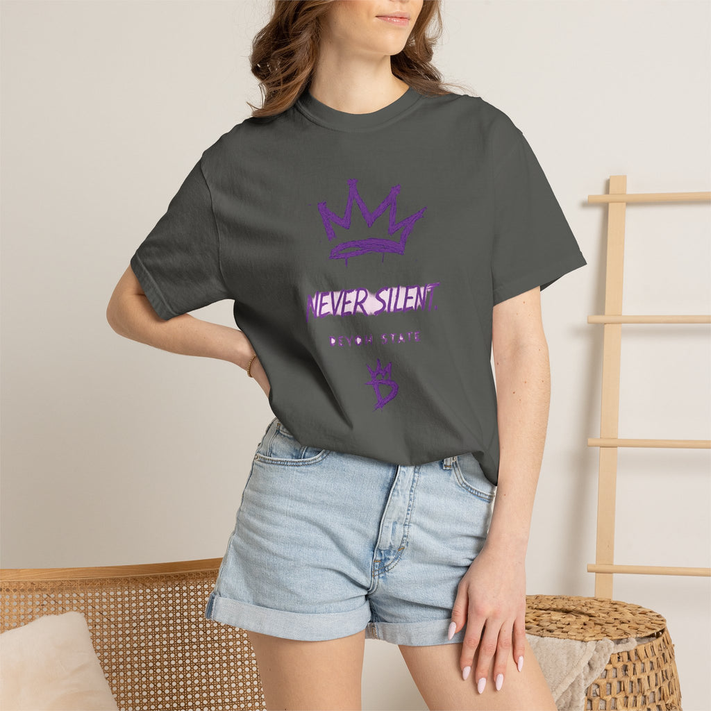 T-Shirt — "Never Silent" Crown Graphic (Devon State)