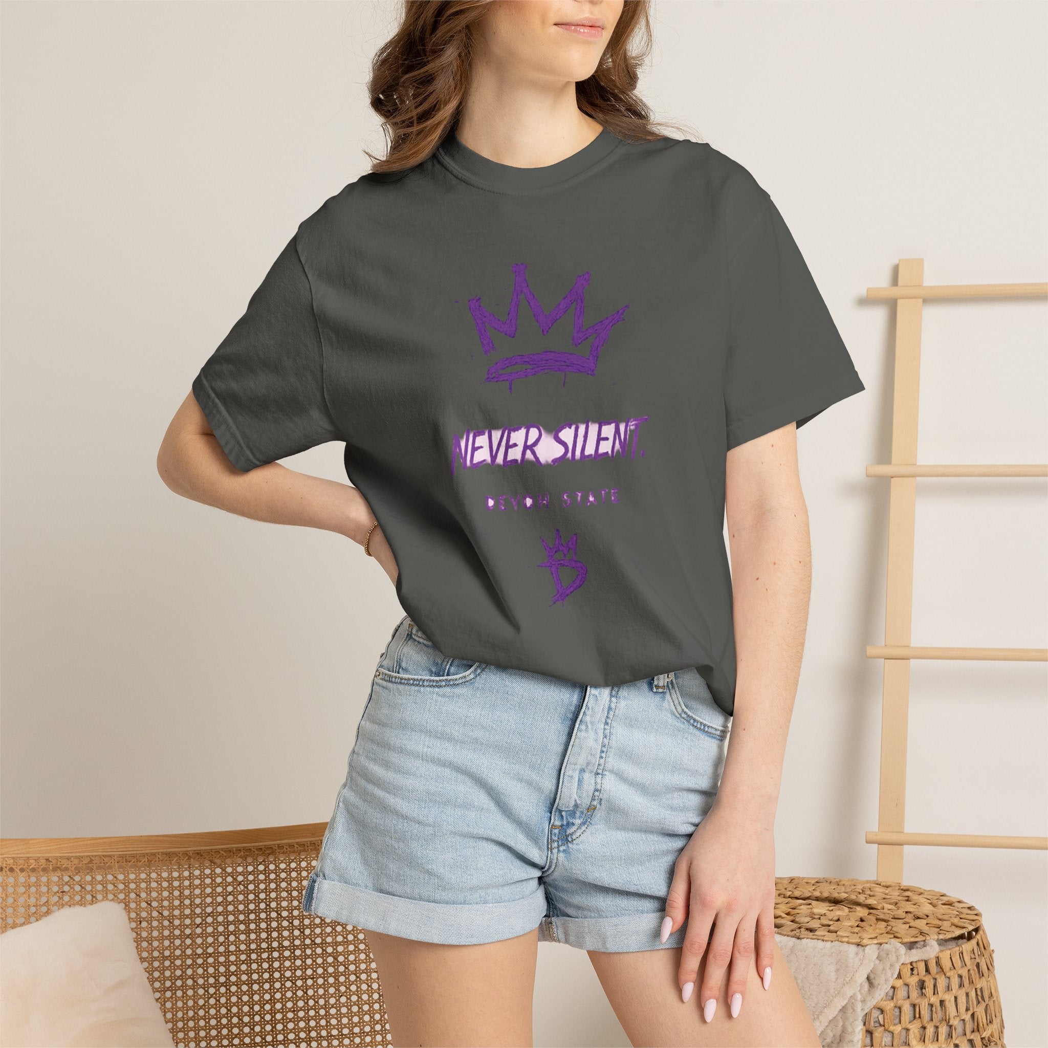 T-Shirt — "Never Silent" Crown Graphic (Devon State)