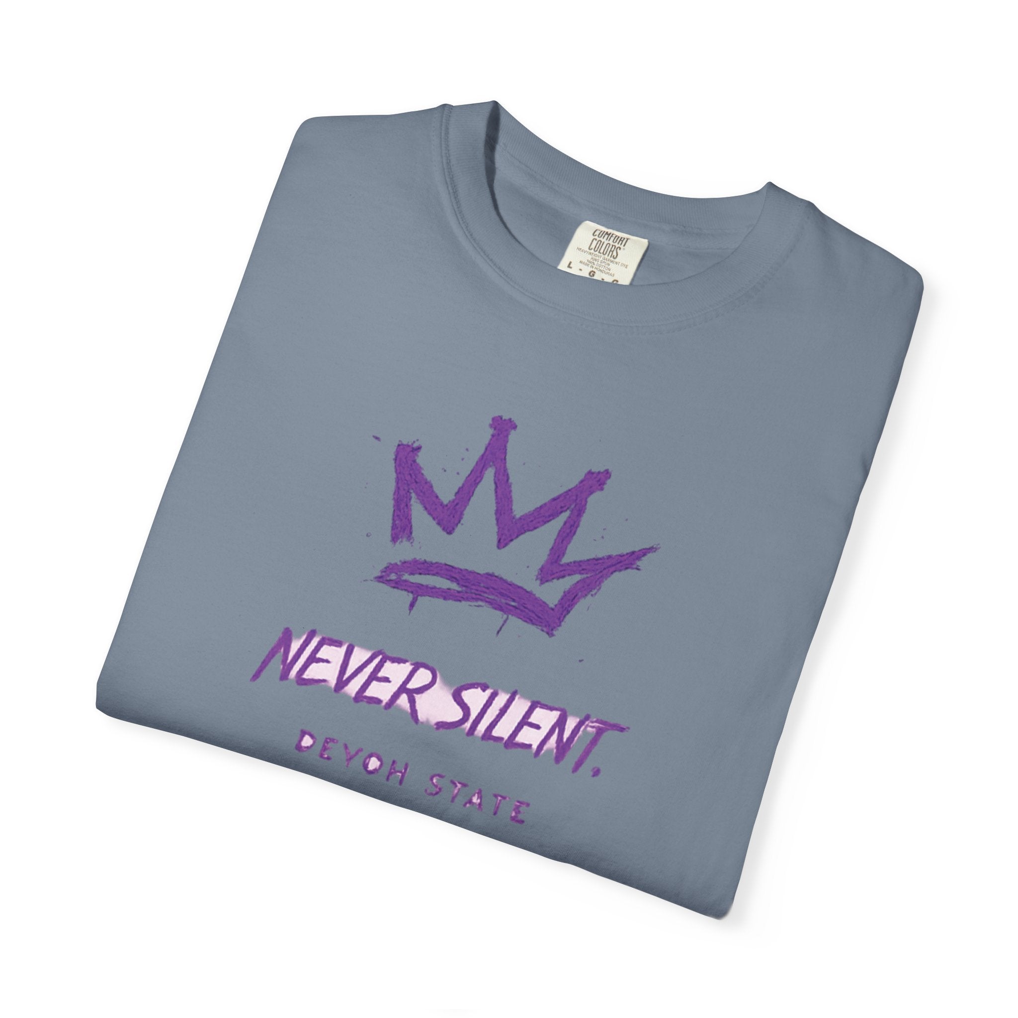 T-Shirt — "Never Silent" Crown Graphic (Devon State)