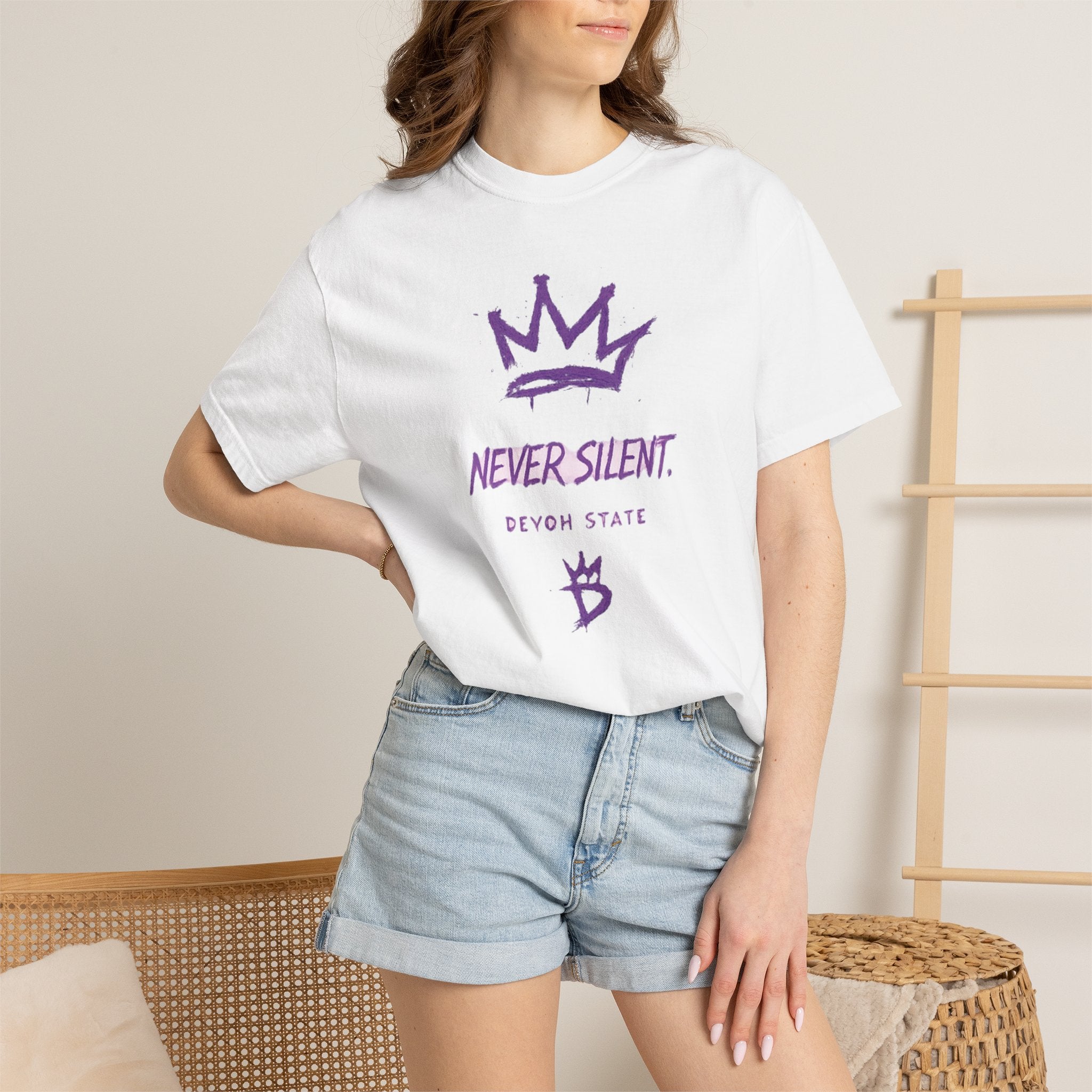 T-Shirt — "Never Silent" Crown Graphic (Devon State)