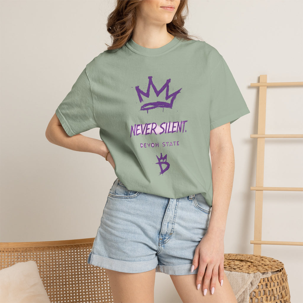 T-Shirt — "Never Silent" Crown Graphic (Devon State)