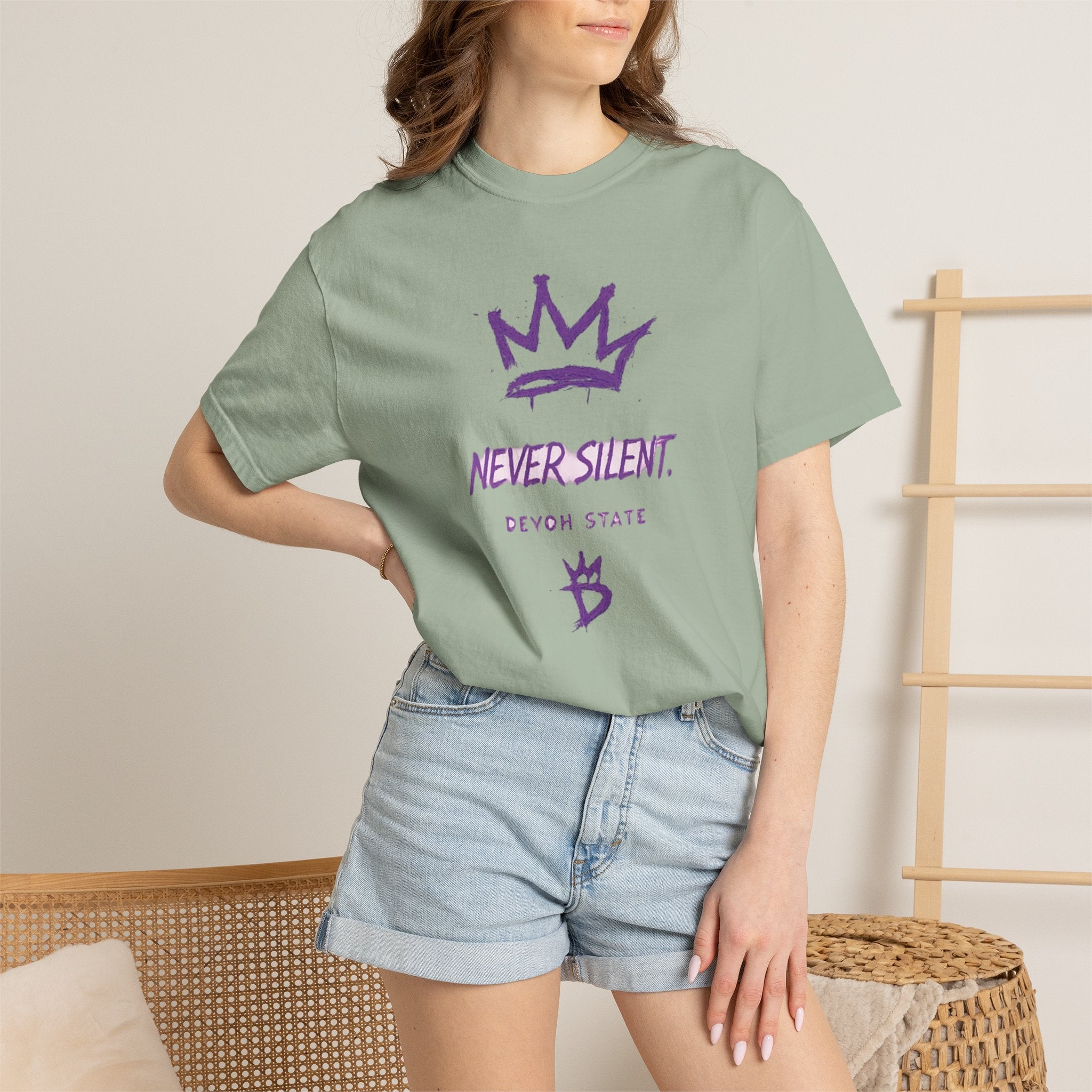 T-Shirt — "Never Silent" Crown Graphic (Devon State)