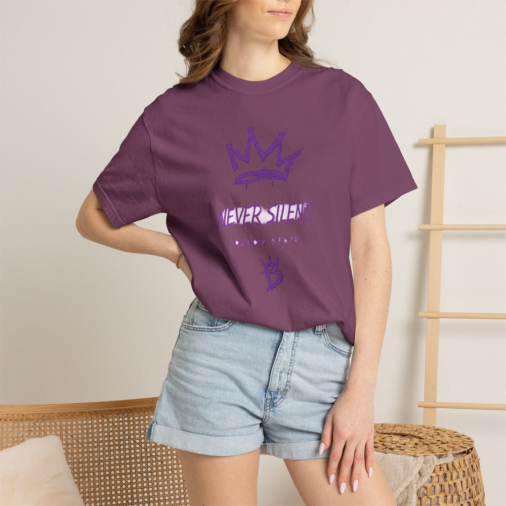 T-Shirt — "Never Silent" Crown Graphic (Devon State)
