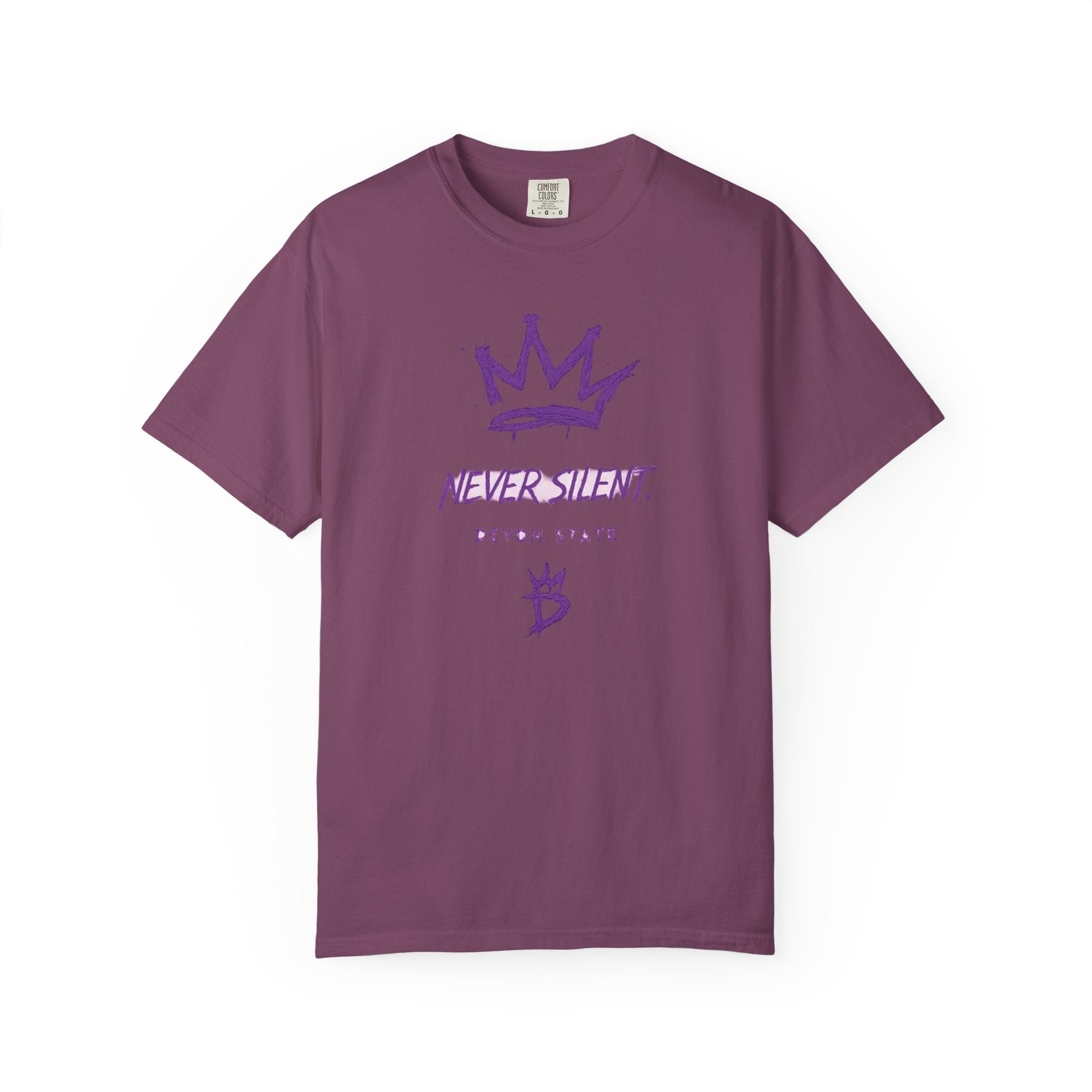 T-Shirt — "Never Silent" Crown Graphic (Devon State)