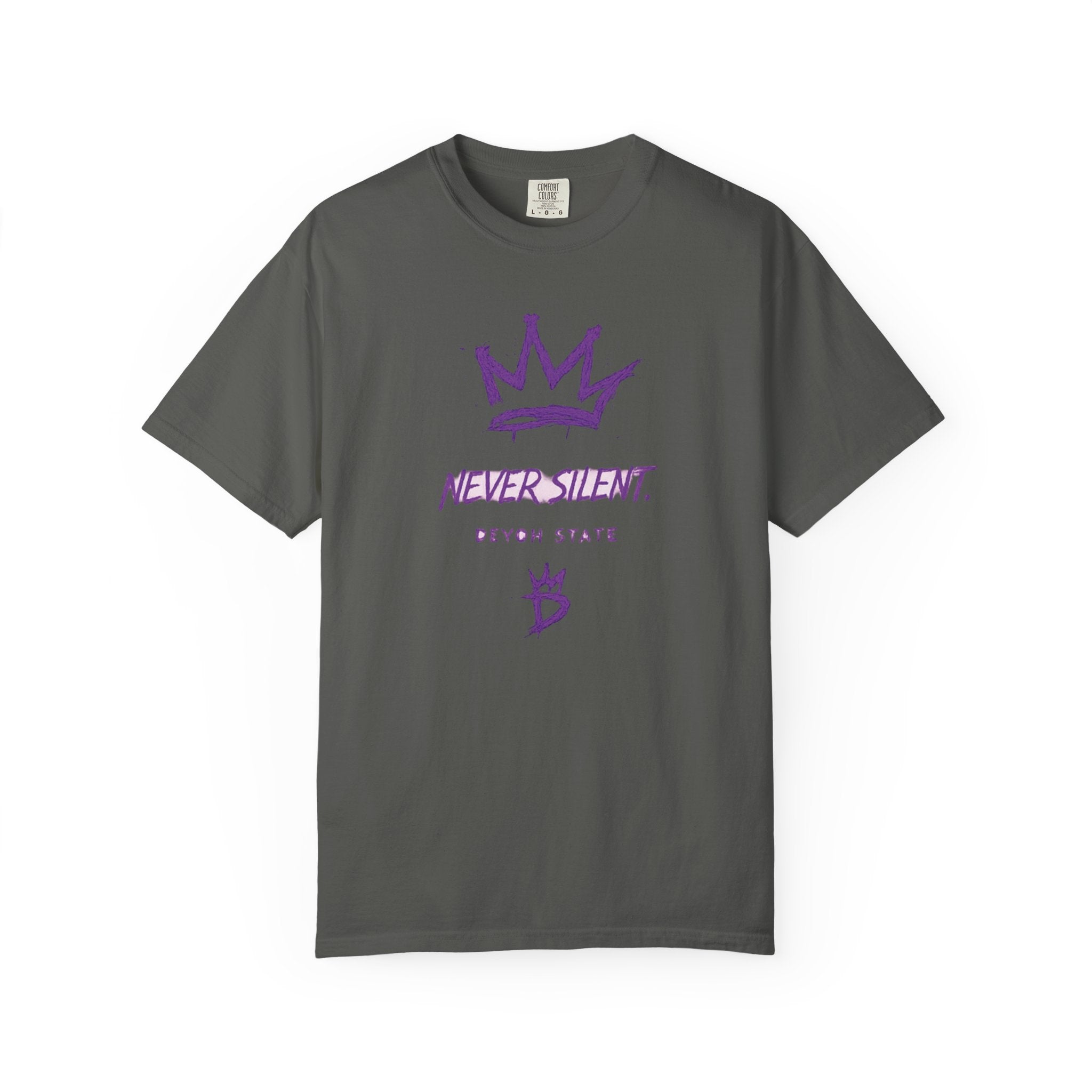 T-Shirt — "Never Silent" Crown Graphic (Devon State)