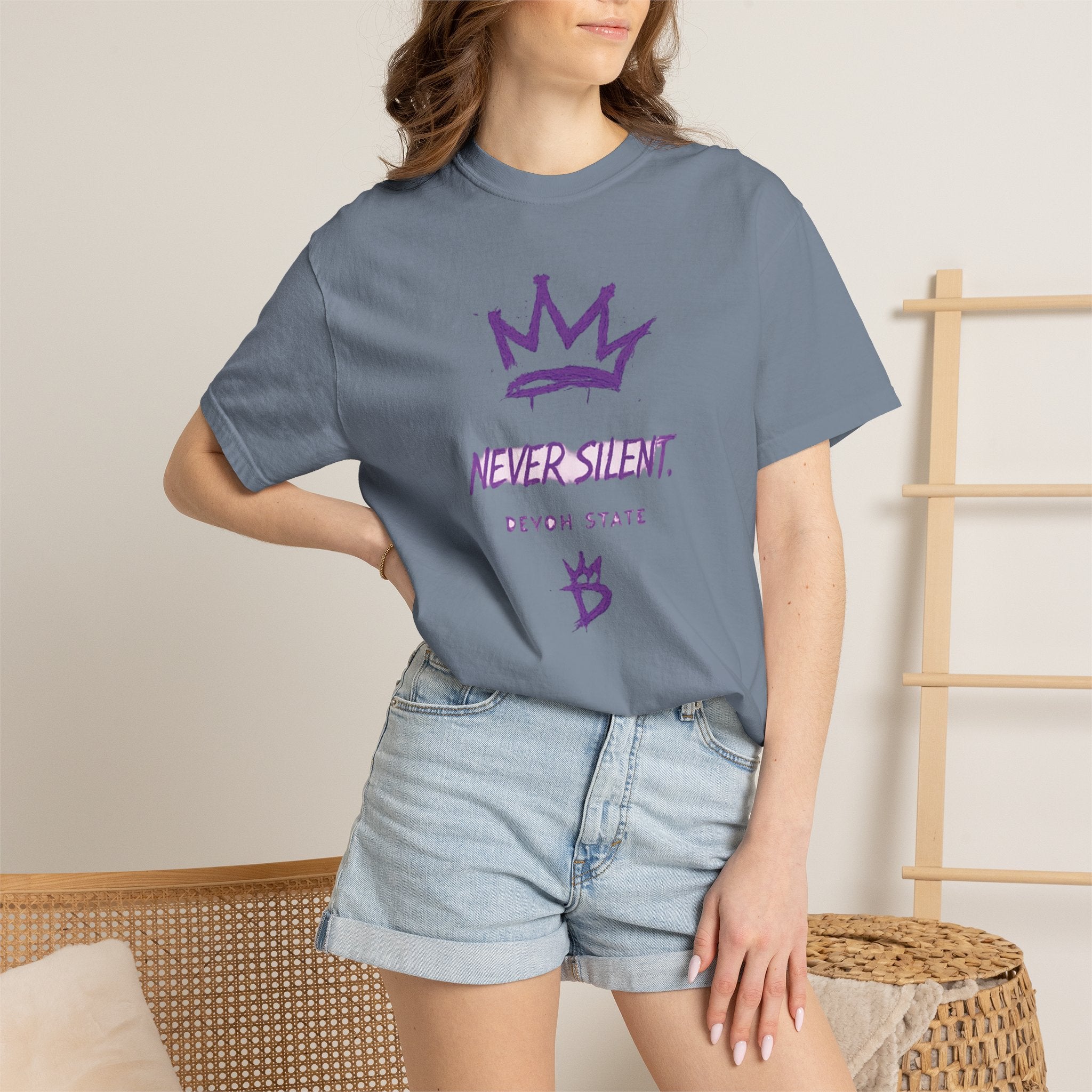 T-Shirt — "Never Silent" Crown Graphic (Devon State)