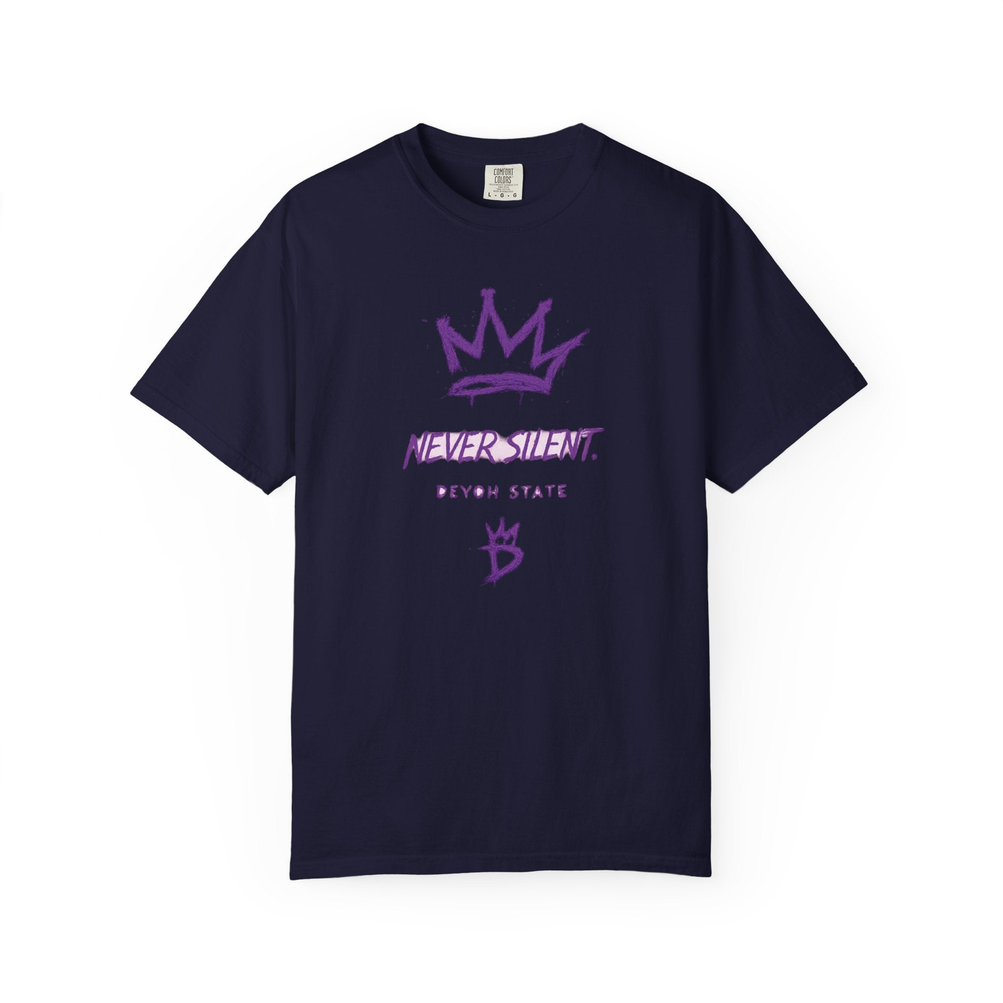 T-Shirt — "Never Silent" Crown Graphic (Devon State)
